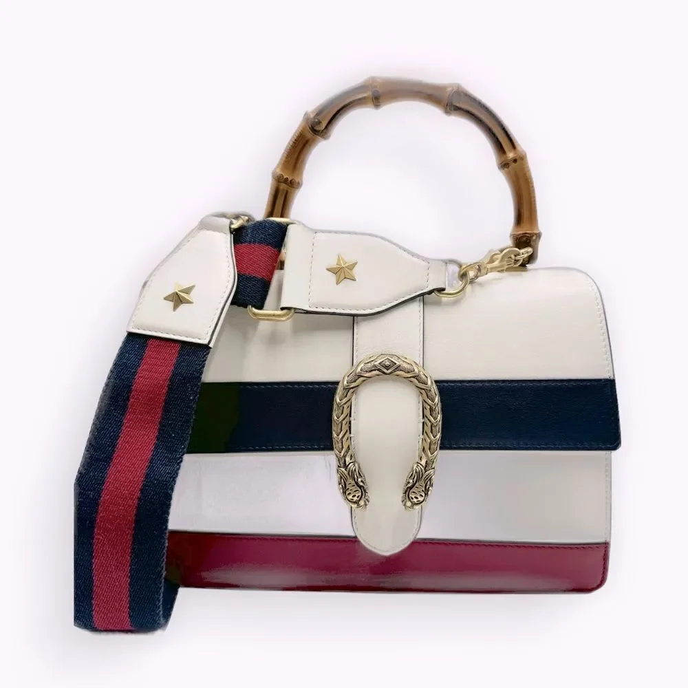 Auth Gucci Dionysus Bamboo Top Handle Red White Blue Leather Satchel Preloved